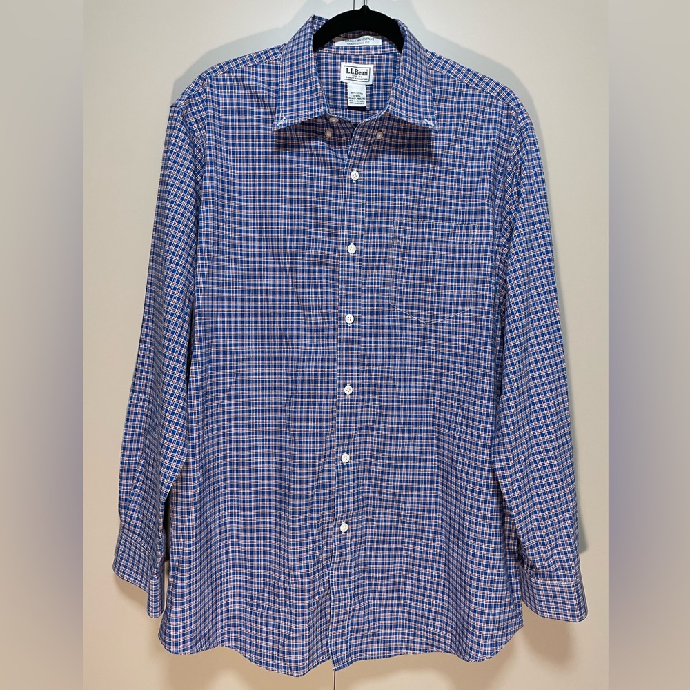 LL Bean Men's Large Wrinkle Resistant Blue Red Check Long Sleeve Button Down